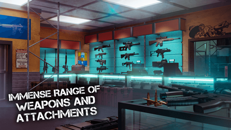 Gun shop showcasing several weapons and gun attachments