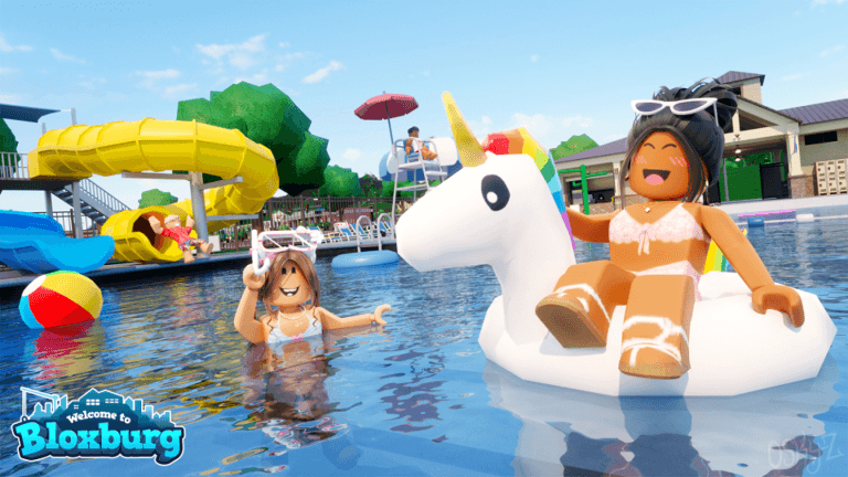 Characters playing at public swimming pool with waterslides in the background
