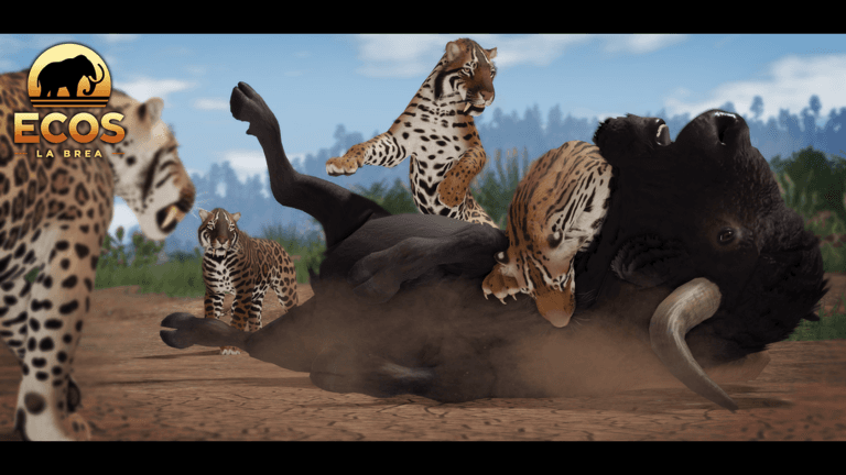 A pack of saber-tooth cats wrestle an ancient bison.