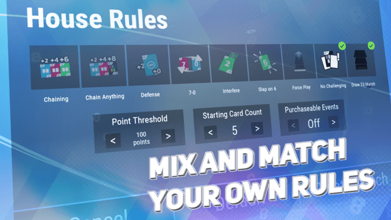 Bottom right text says "MIX AND MATCH YOUR OWN RULES" in front of a screen that displays the House Rules menu in the game.