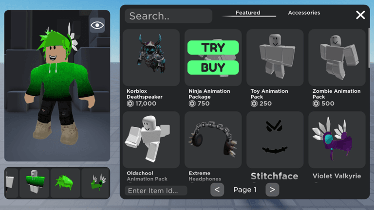 Try on accessories, hats, limiteds, hair combos, bundles, animation packs and more!